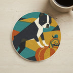 Boston Terrier Drink Coaster, Retro Autumn Dog Art, Boston Terrier Lover Gift cork coaster shown on a warm limestone surface beside a mug