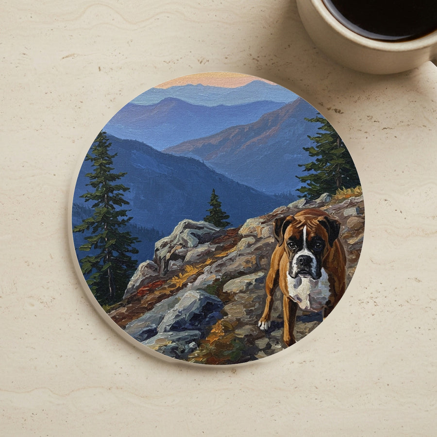 Acrylic Painting Boxer - Mountain Overlook cork coaster shown on a warm limestone surface beside a mug