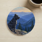 Acrylic Painting Cane Corso - Mountain Overlook cork coaster shown on a warm limestone surface beside a mug