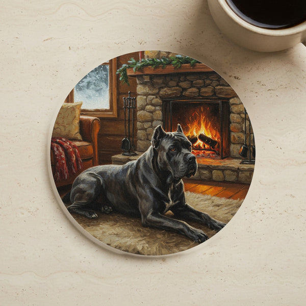 Acrylic Gallery Print Cane Corso - Winter Hearth | Cork Back Coaster