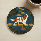 Cavalier King Charles Spaniel Retro Autumn stocking stuffer gift set: round cork-back coaster and two 3x3 vinyl stickers