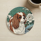 Cavalier King Charles Spaniel Drink Coaster, Japanese Print Dog Art, Cavalier King Charles Spaniel Lover Gift cork coaster shown on a warm limestone surface beside a mug
