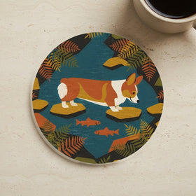 Corgi Drink Coaster, Retro Autumn Dog Art, Corgi Lover Gift