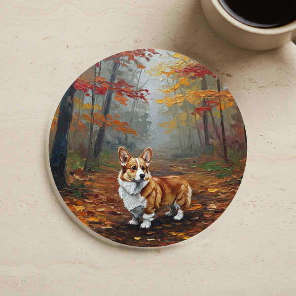 Acrylic Corgi - Autumn Woods | Cork Back Coaster