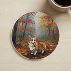 Acrylic Painting Corgi - Autumn Woods cork coaster shown on a warm limestone surface beside a mug