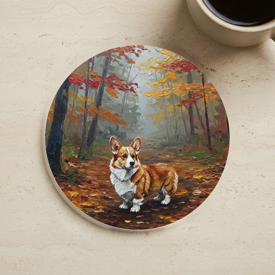 Acrylic Painting Corgi - Autumn Woods cork coaster shown on a warm limestone surface beside a mug