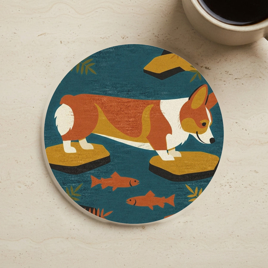 Corgi Drink Coaster, Retro Autumn Dog Art, Corgi Lover Gift cork coaster shown on a warm limestone surface beside a mug