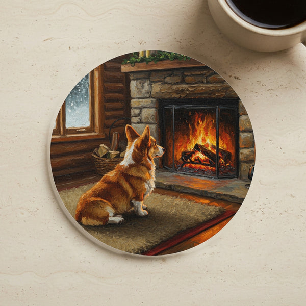 Acrylic Corgi - Winter Hearth | Cork Back Coaster