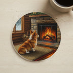 Acrylic Painting Corgi - Winter Hearth cork coaster shown on a warm limestone surface beside a mug