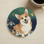 Corgi Drink Coaster, Japanese Print Dog Art, Corgi Lover Gift cork coaster shown on a warm limestone surface beside a mug