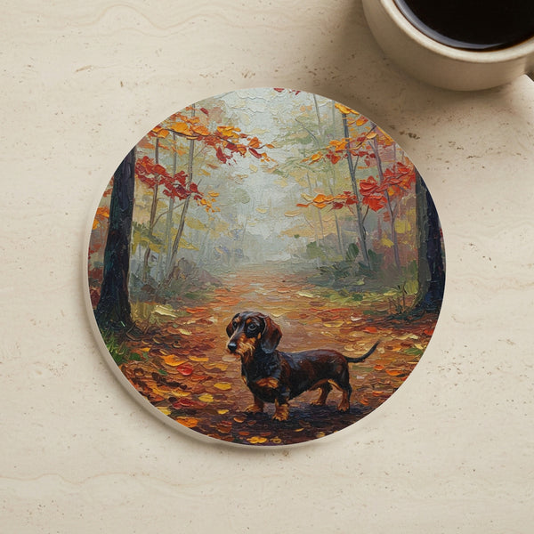 Acrylic Dachshund - Autumn Woods | Cork Back Coaster