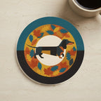 Dachshund Retro Autumn stocking stuffer gift set: round cork-back coaster and two 3x3 vinyl stickers