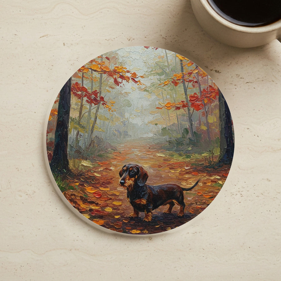 Acrylic Painting Dachshund - Autumn Woods cork coaster shown on a warm limestone surface beside a mug