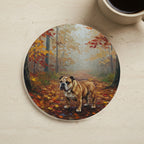 Acrylic Painting English Bulldog - Autumn Woods cork coaster shown on a warm limestone surface beside a mug