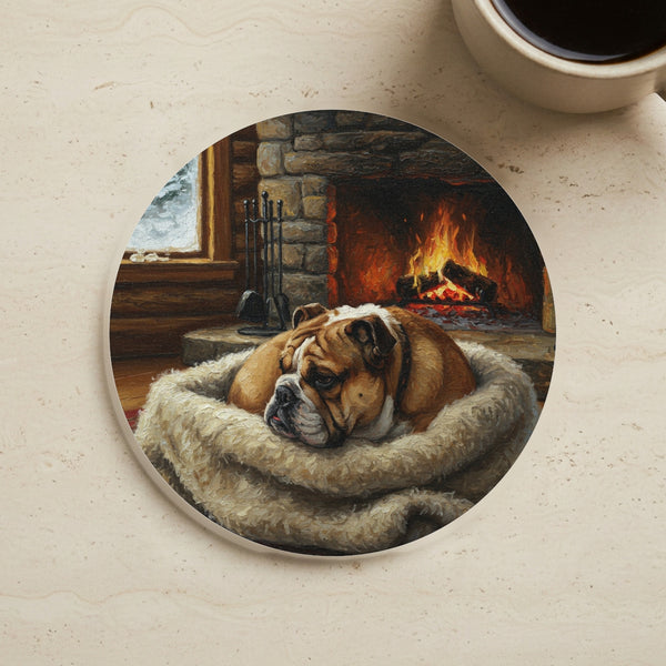 Acrylic English Bulldog - Winter Hearth | Cork Back Coaster