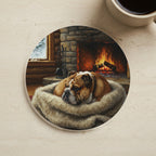 Acrylic Painting English Bulldog - Winter Hearth cork coaster shown on a warm limestone surface beside a mug