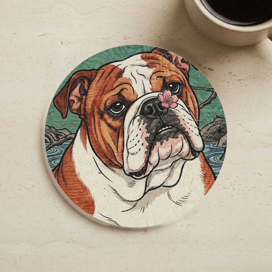 English Bulldog Drink Coaster, Japanese Print Dog Art, English Bulldog Lover Gift cork coaster shown on a warm limestone surface beside a mug