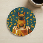 French Bulldog Retro Autumn stocking stuffer gift set: round cork-back coaster and two 3x3 vinyl stickers