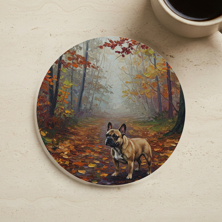 Acrylic Painting French Bulldog - Autumn Woods cork coaster shown on a warm limestone surface beside a mug