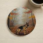Acrylic Painting German Shepherd - Autumn Woods cork coaster shown on a warm limestone surface beside a mug