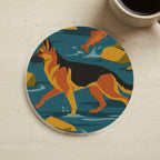 German Shepherd Drink Coaster, Retro Autumn Dog Art, German Shepherd Lover Gift cork coaster shown on a warm limestone surface beside a mug