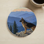 Acrylic Painting German Shepherd - Mountain Overlook cork coaster shown on a warm limestone surface beside a mug