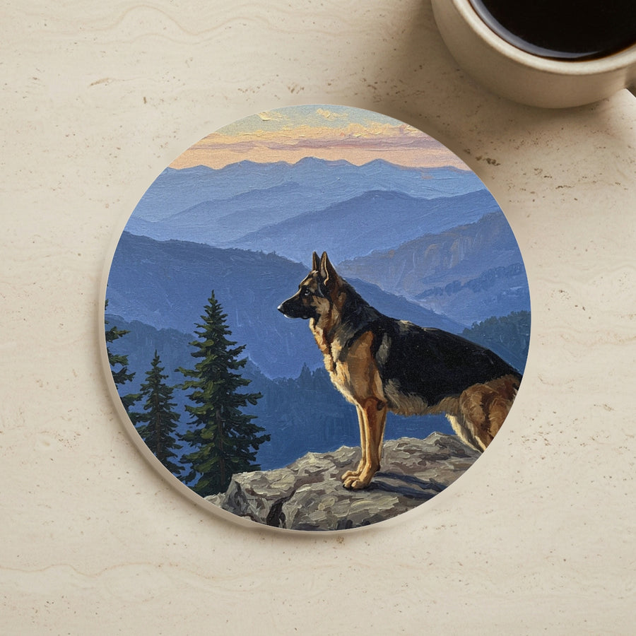 Acrylic Painting German Shepherd - Mountain Overlook cork coaster shown on a warm limestone surface beside a mug