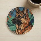 German Shepherd Japanese Print stocking stuffer gift set: round cork-back coaster and two 3x3 vinyl stickers