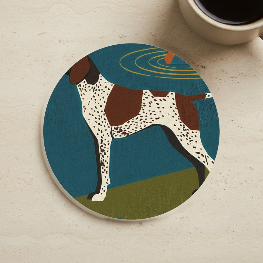 German Shorthaired Pointer Drink Coaster, Retro Autumn Dog Art, German Shorthaired Pointer Lover Gift cork coaster shown on a warm limestone surface beside a mug