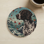 German Shorthaired Pointer Drink Coaster, Japanese Print Dog Art, German Shorthaired Pointer Lover Gift cork coaster shown on a warm limestone surface beside a mug