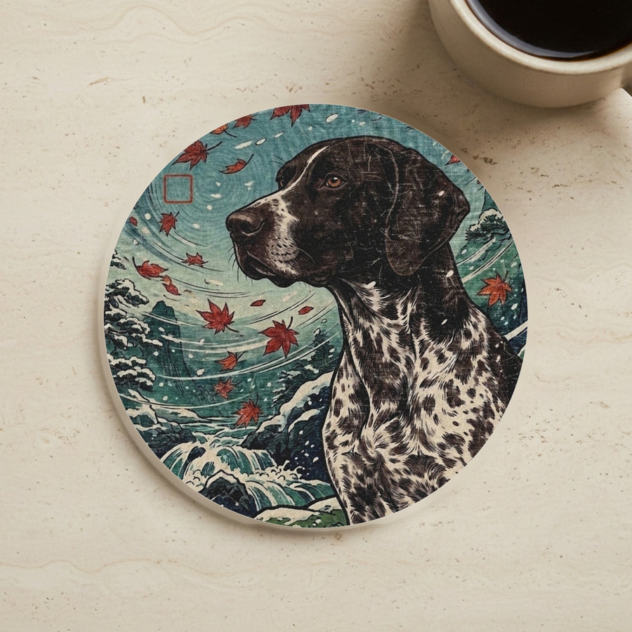 German Shorthaired Pointer Drink Coaster, Japanese Print Dog Art, German Shorthaired Pointer Lover Gift cork coaster shown on a warm limestone surface beside a mug