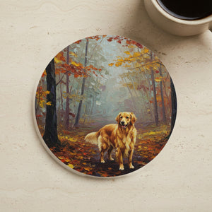Acrylic Painting Golden Retriever - Autumn Woods | Cork Back Coaster