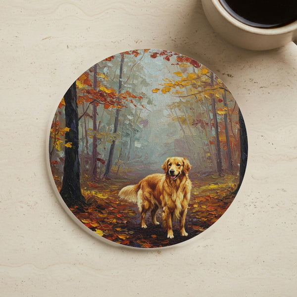 Acrylic Painting Golden Retriever - Autumn Woods | Cork Back Coaster
