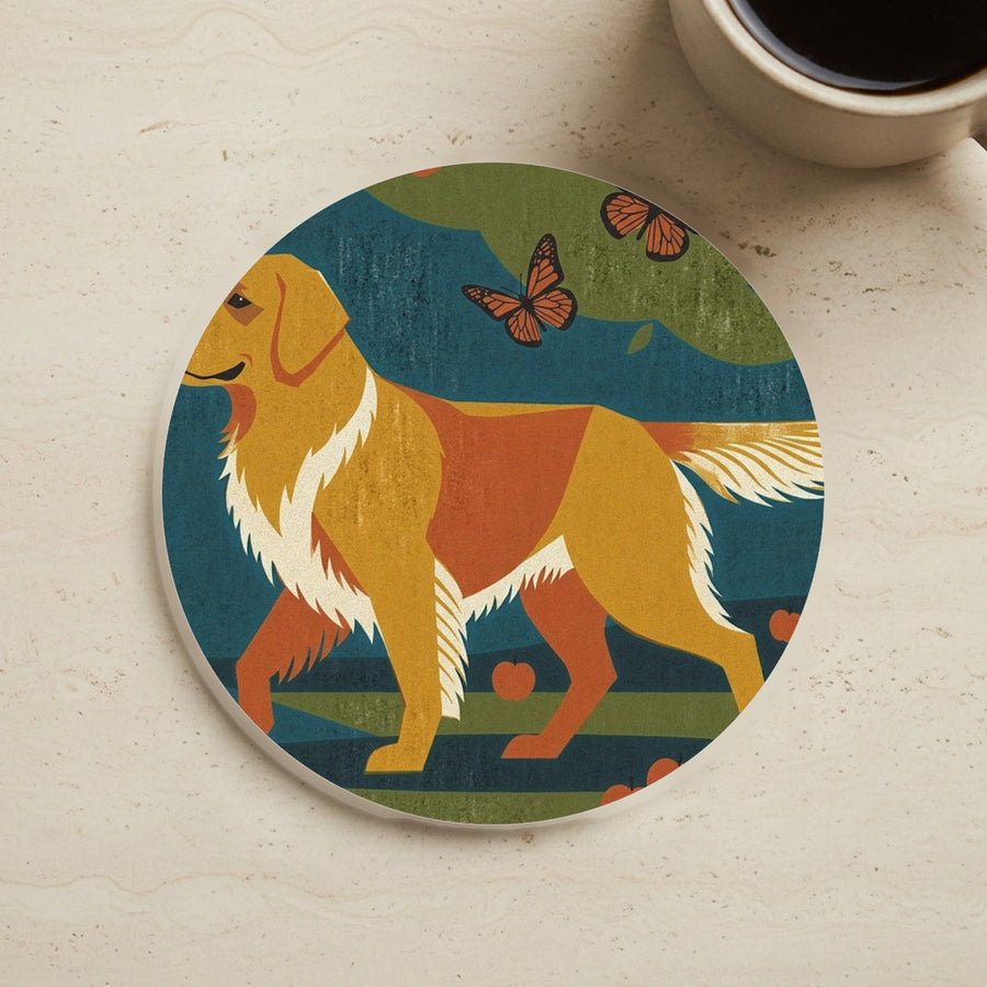 Golden Retriever Drink Coaster, Retro Autumn Dog Art, Golden Retriever Lover Gift cork coaster shown on a warm limestone surface beside a mug