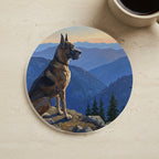 Acrylic Painting Great Dane - Mountain Overlook cork coaster shown on a warm limestone surface beside a mug
