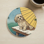 Havanese Japanese Print stocking stuffer gift set: round cork-back coaster and two 3x3 vinyl stickers