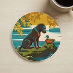 Labrador Retriever Retro Autumn stocking stuffer gift set: round cork-back coaster and two 3x3 vinyl stickers