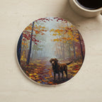 Acrylic Painting Labrador Retriever - Autumn Woods cork coaster shown on a warm limestone surface beside a mug