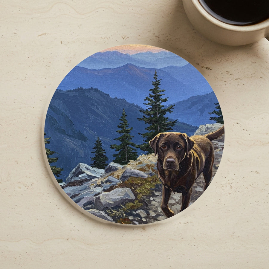 Acrylic Painting Labrador Retriever - Mountain Overlook cork coaster shown on a warm limestone surface beside a mug