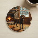 Acrylic Painting Labrador Retriever - Winter Hearth cork coaster shown on a warm limestone surface beside a mug