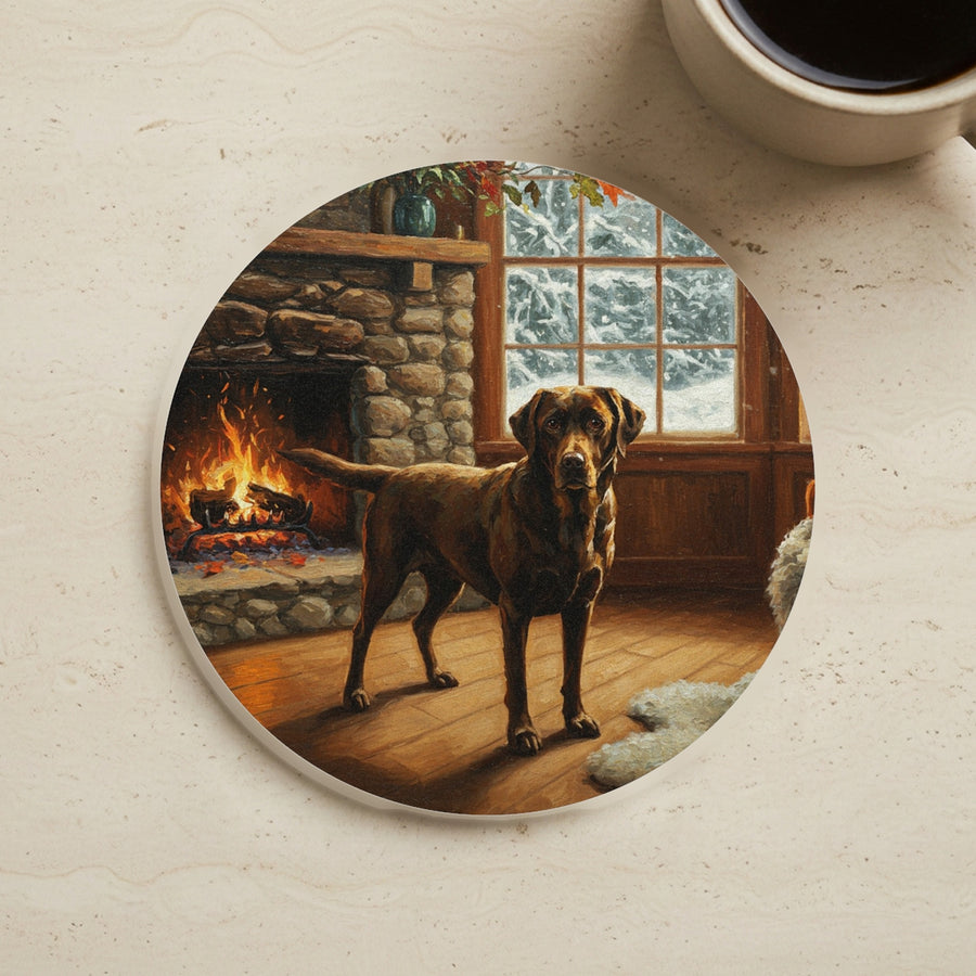 Acrylic Painting Labrador Retriever - Winter Hearth cork coaster shown on a warm limestone surface beside a mug