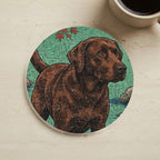 Labrador Retriever Drink Coaster, Japanese Print Dog Art, Labrador Retriever Lover Gift cork coaster shown on a warm limestone surface beside a mug