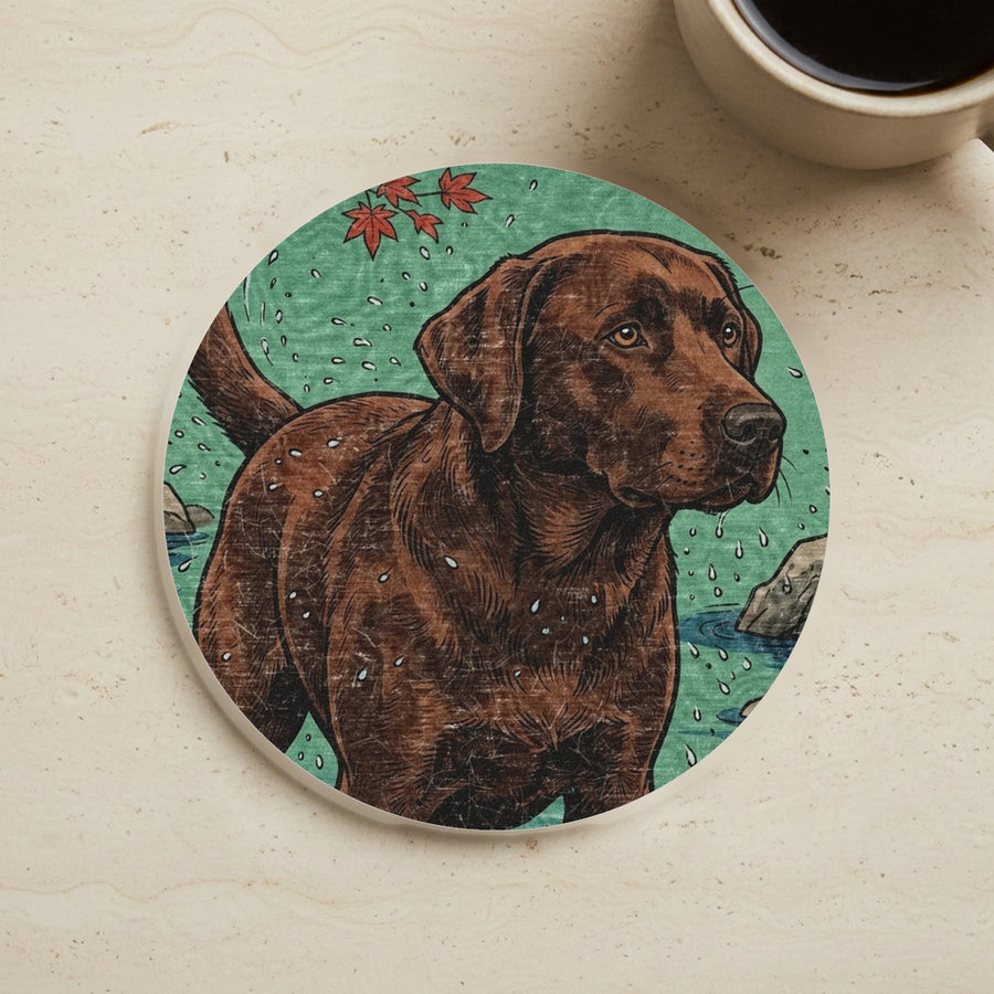 Labrador Retriever Drink Coaster, Japanese Print Dog Art, Labrador Retriever Lover Gift cork coaster shown on a warm limestone surface beside a mug