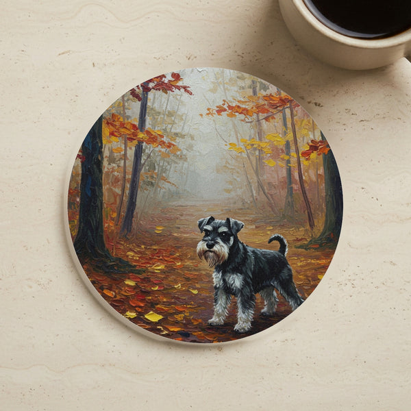 Acrylic Painting Miniature Schnauzer - Autumn Woods cork coaster shown on a warm limestone surface beside a mug