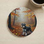 Acrylic Painting Miniature Schnauzer - Autumn Woods cork coaster shown on a warm limestone surface beside a mug