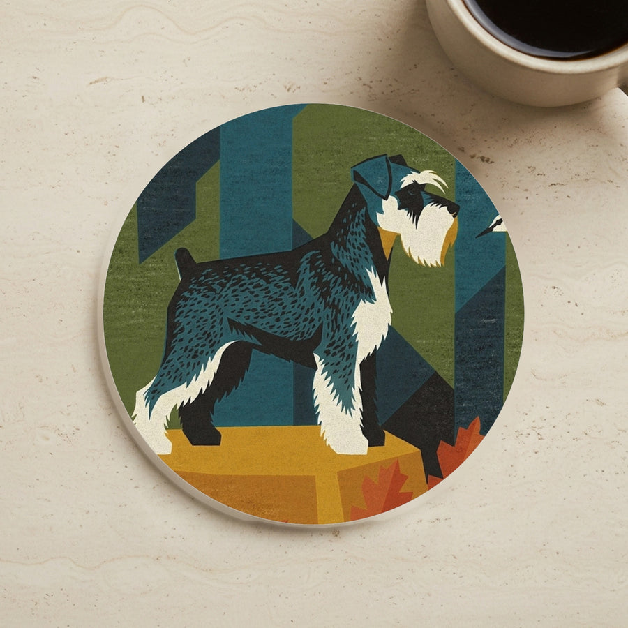 Miniature Schnauzer Drink Coaster, Retro Autumn Dog Art, Miniature Schnauzer Lover Gift cork coaster shown on a warm limestone surface beside a mug