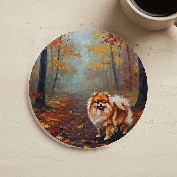 Acrylic Pomeranian - Autumn Woods | Cork Back Coaster