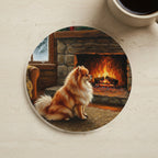 Acrylic Painting Pomeranian - Winter Hearth cork coaster shown on a warm limestone surface beside a mug