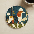 Poodle Drink Coaster, Retro Autumn Dog Art, Poodle Lover Gift cork coaster shown on a warm limestone surface beside a mug