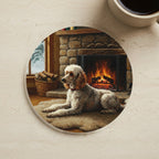 Poodle By the Fire gift set: canvas, sherpa blanket and coaster in one painting